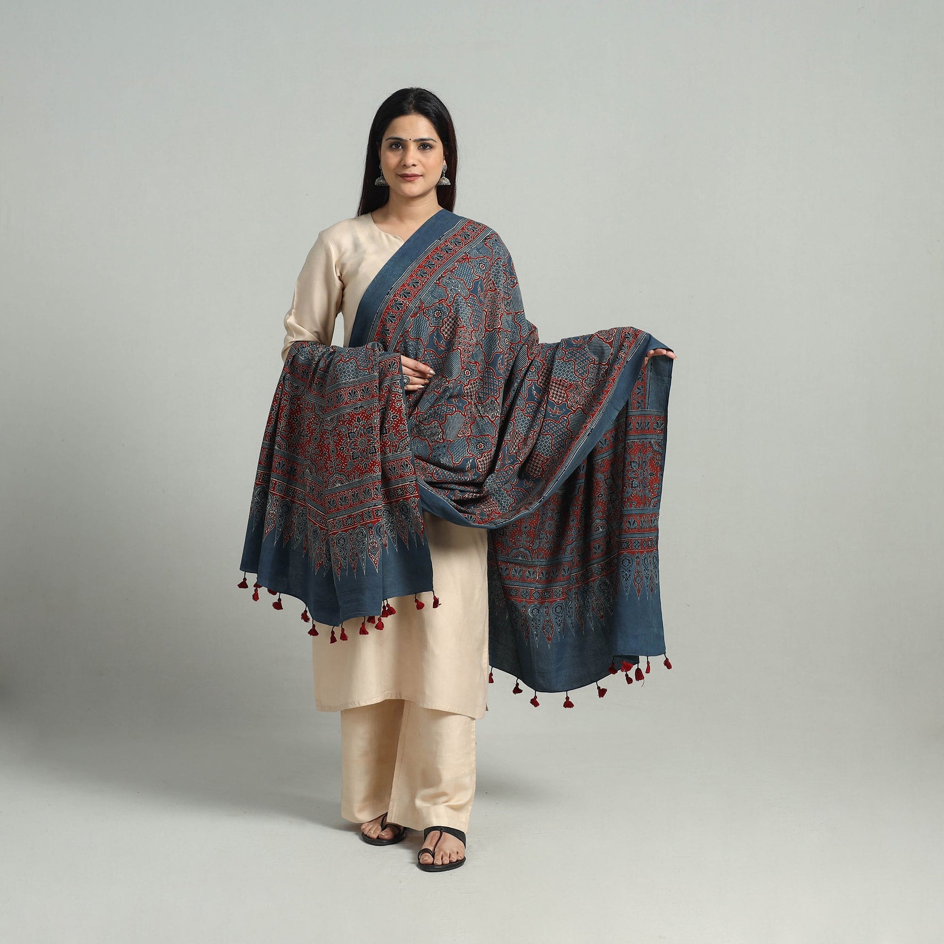 Blue - Hand Block Printed Cotton Ajrakh Dupatta 26