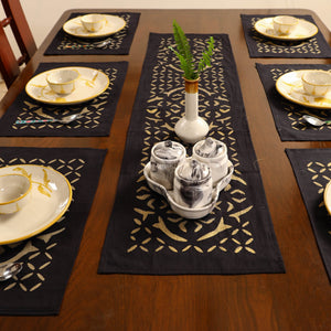 Black - Applique Cut Work Table Runner with Table Mat Set 05