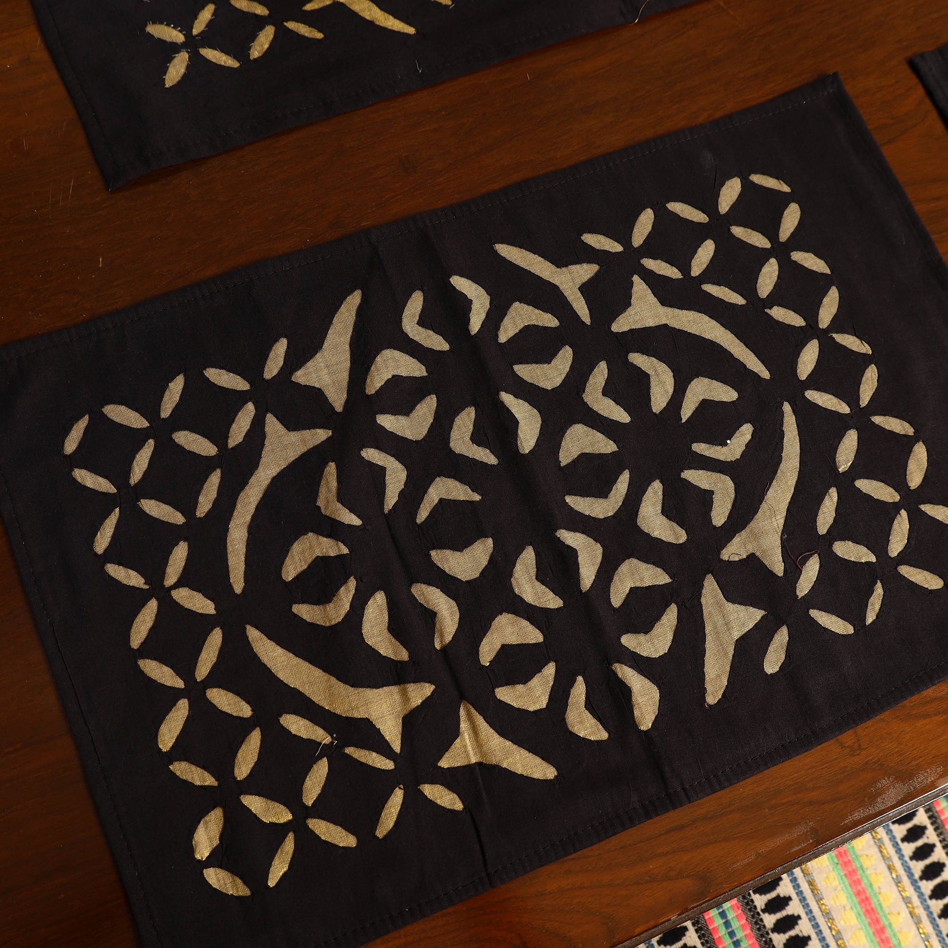 Black - Applique Cut Work Table Runner with Table Mat Set 05