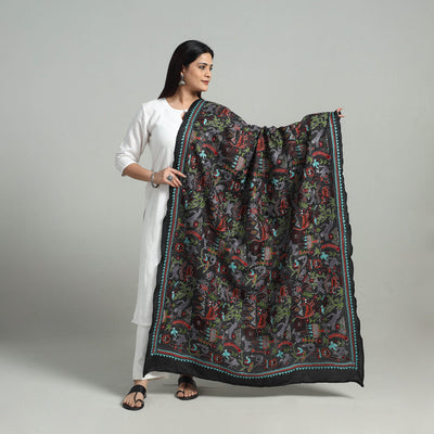 Black - Pure Handloom Silk Bengal Kantha Work Dupatta 01
