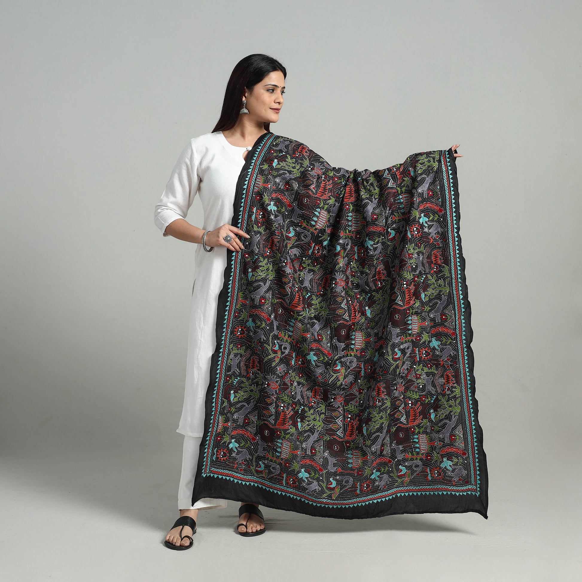 Black - Pure Handloom Silk Bengal Kantha Work Dupatta 01