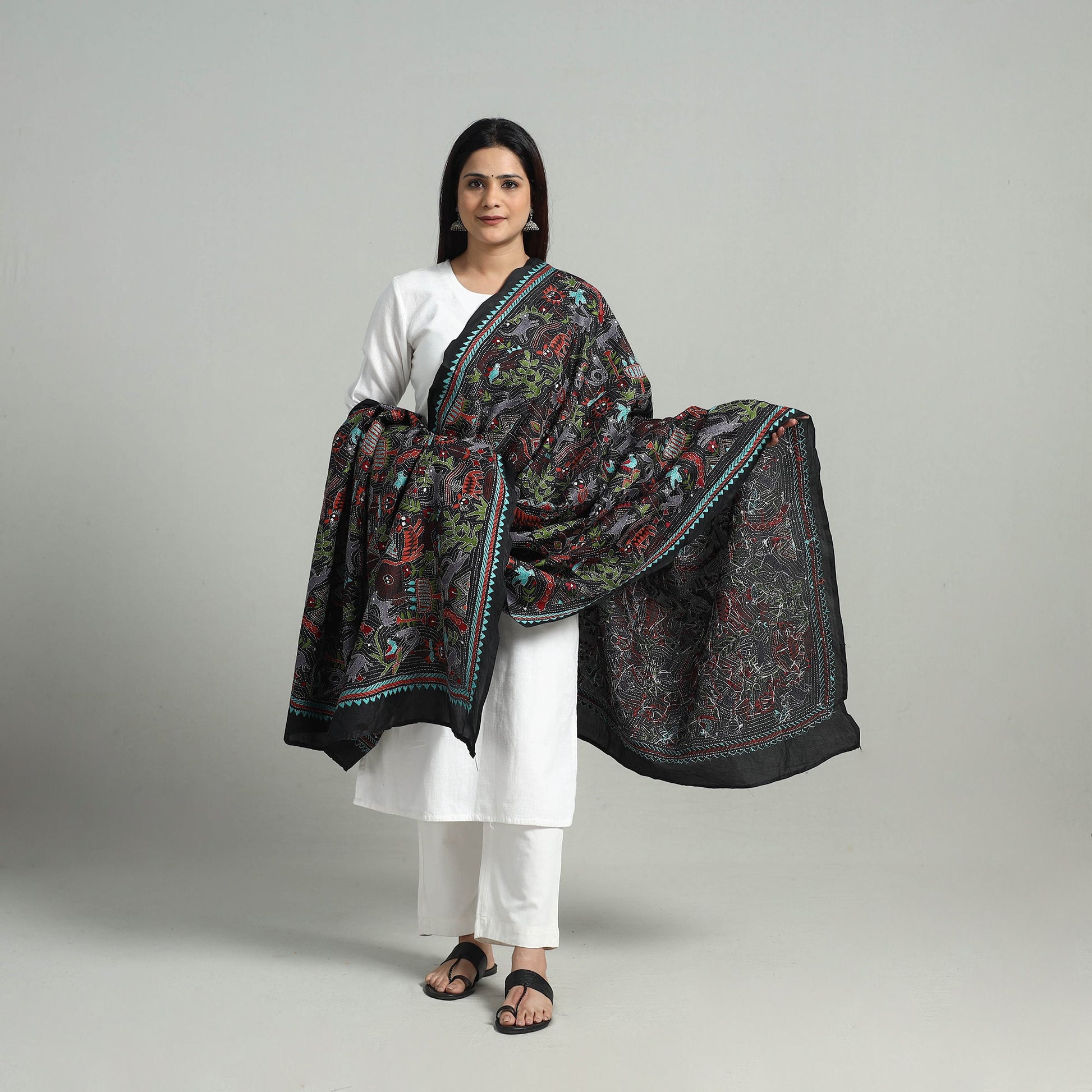 Black - Pure Handloom Silk Bengal Kantha Work Dupatta 01