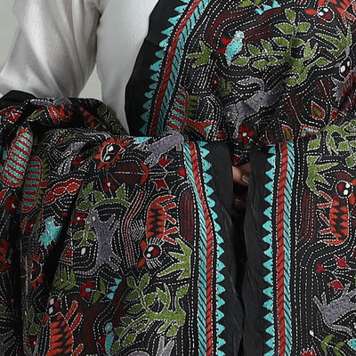Black - Pure Handloom Silk Bengal Kantha Work Dupatta 01