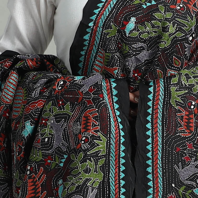 Black - Pure Handloom Silk Bengal Kantha Work Dupatta 01