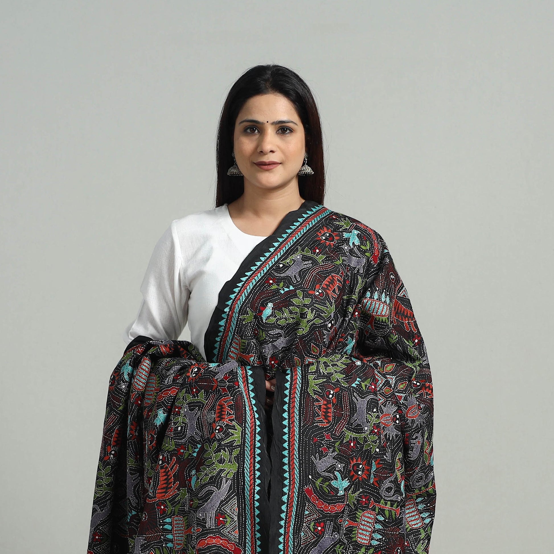 Black - Pure Handloom Silk Bengal Kantha Work Dupatta 01