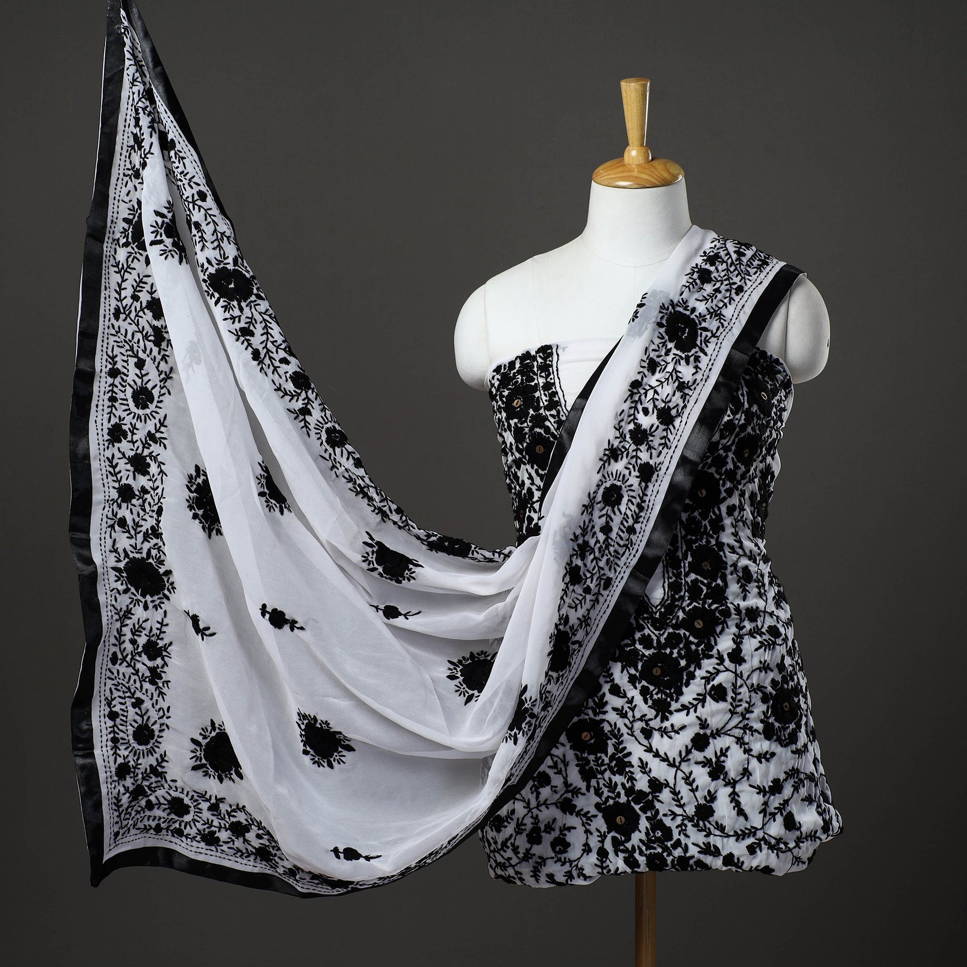 Black - 3pc Hand Embroidery Georgette Phulkari Dress Material 16
