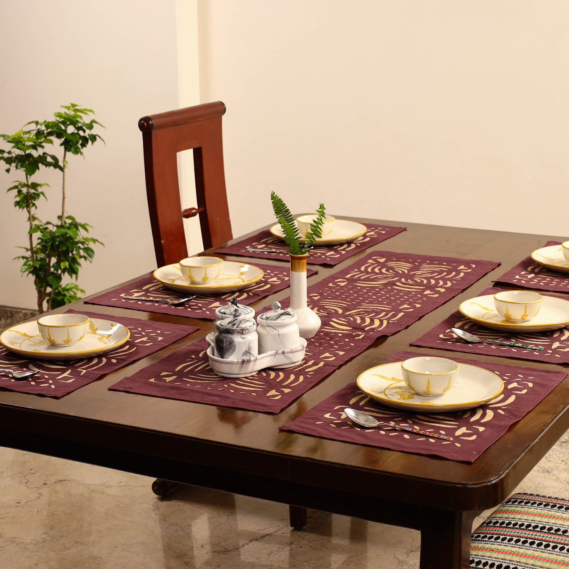 Brown - Applique Cut Work Table Runner with Table Mat Set 08