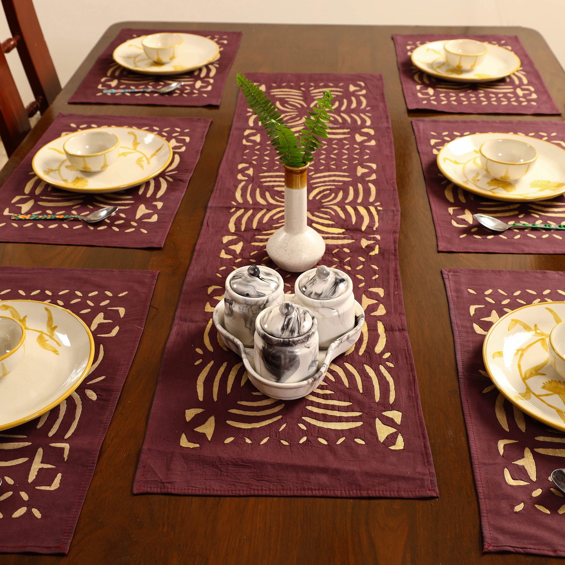 Brown - Applique Cut Work Table Runner with Table Mat Set 08