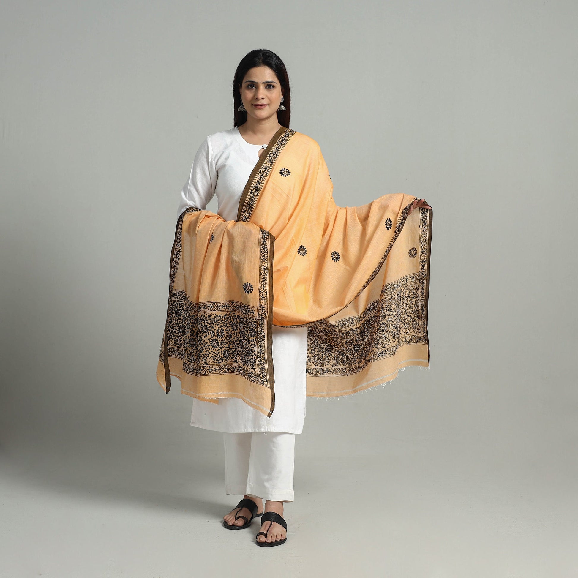 Beige - Pure Handloom Cotton Bengal Kantha Work Dupatta 05