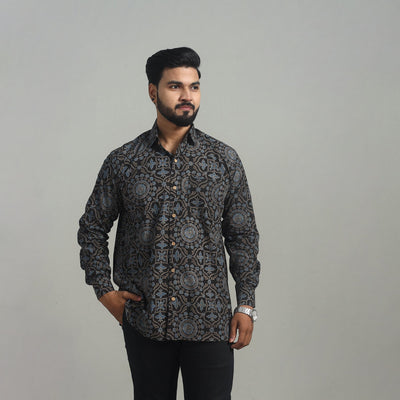 Black - Natural Dyed Cotton Men Ajrakh Print Shirt 09