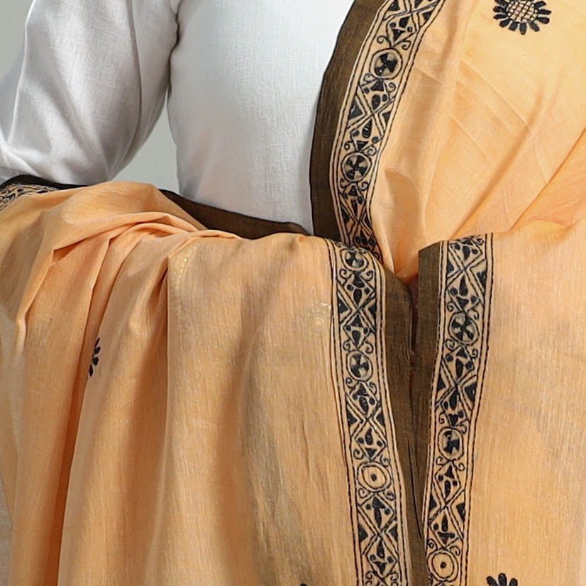 Beige - Pure Handloom Cotton Bengal Kantha Work Dupatta 05