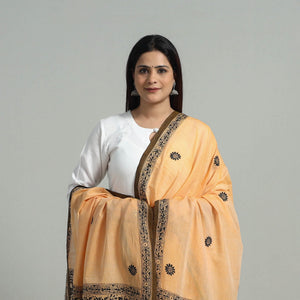 Beige - Pure Handloom Cotton Bengal Kantha Work Dupatta 05