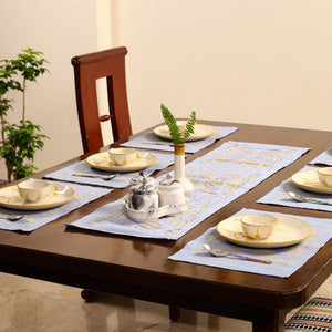 Blue - Applique Cut Work Table Runner with Table Mat Set 10