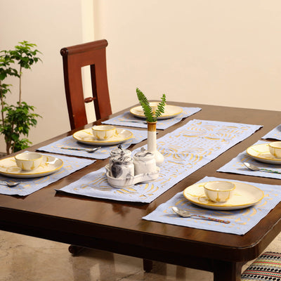 Blue - Applique Cut Work Table Runner with Table Mat Set 10
