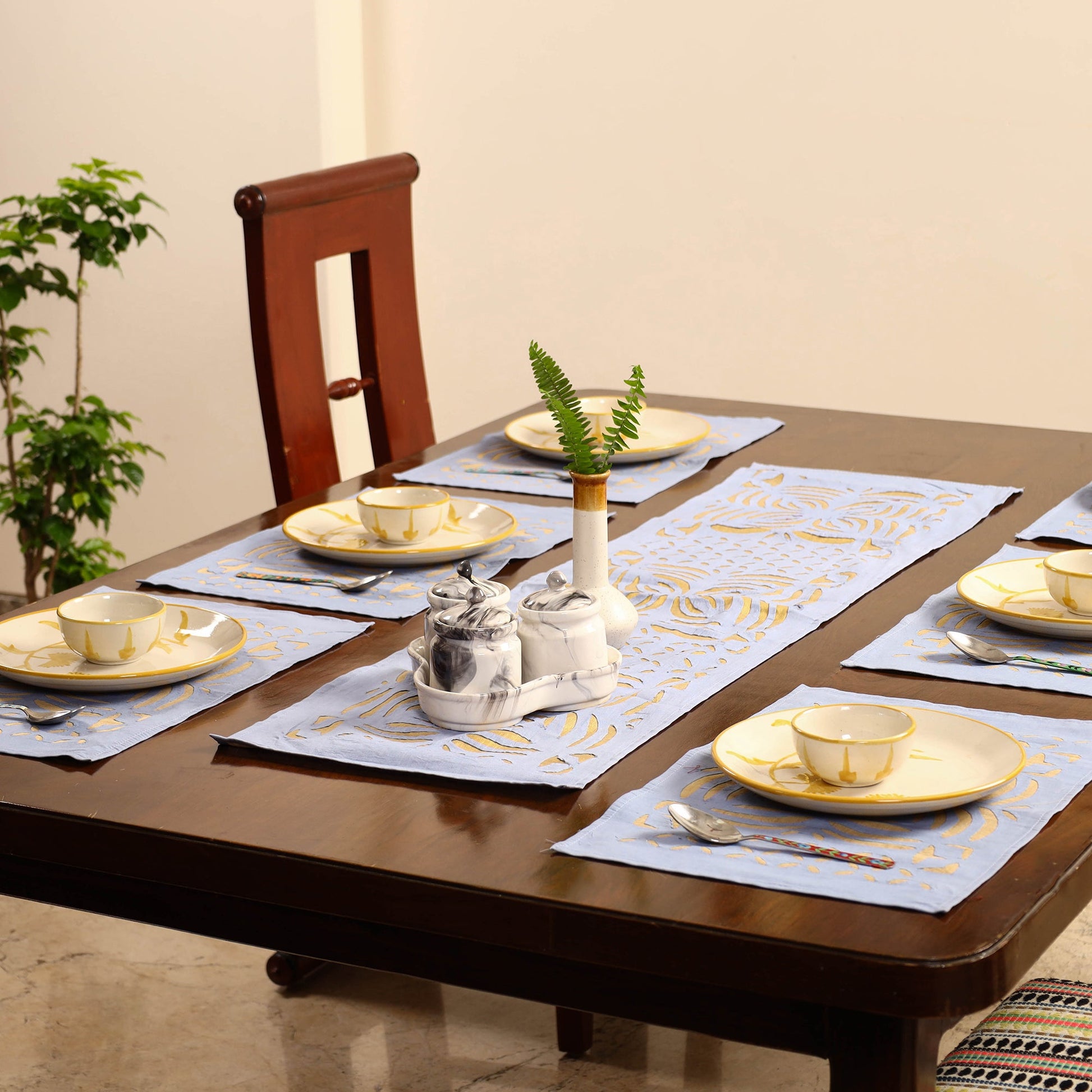 Blue - Applique Cut Work Table Runner with Table Mat Set 10