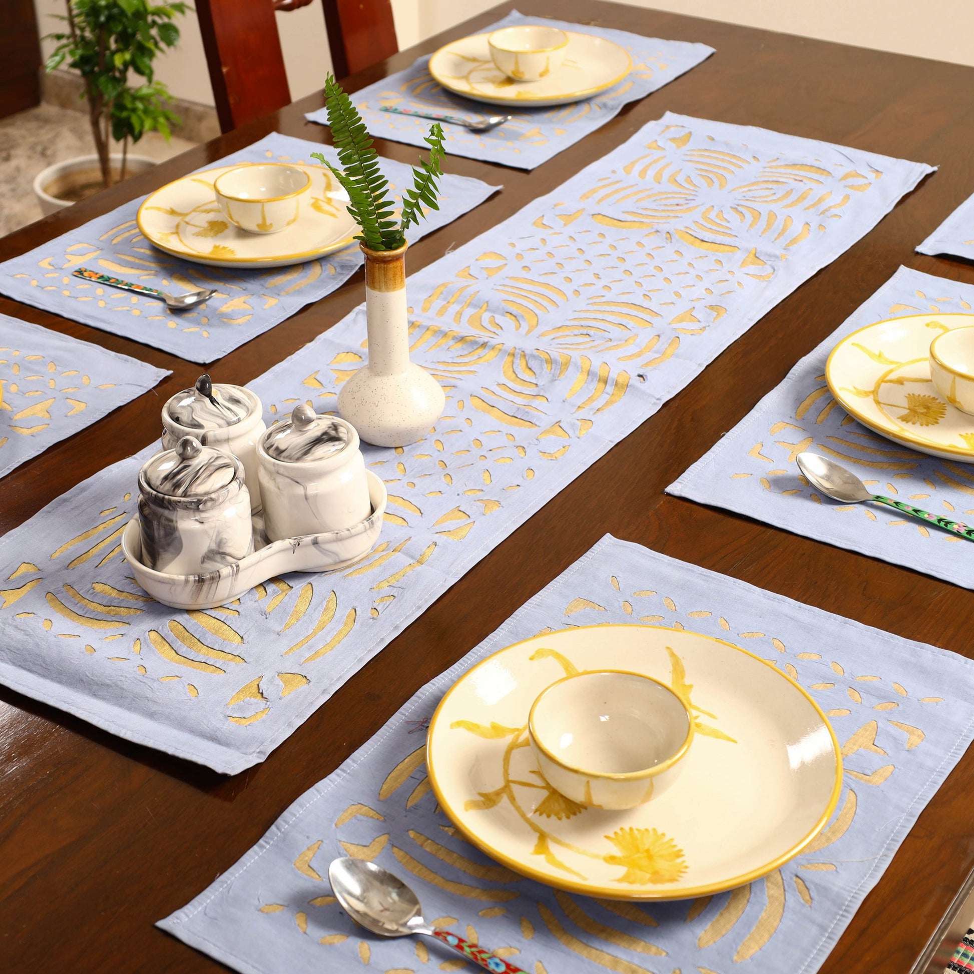 Blue - Applique Cut Work Table Runner with Table Mat Set 10