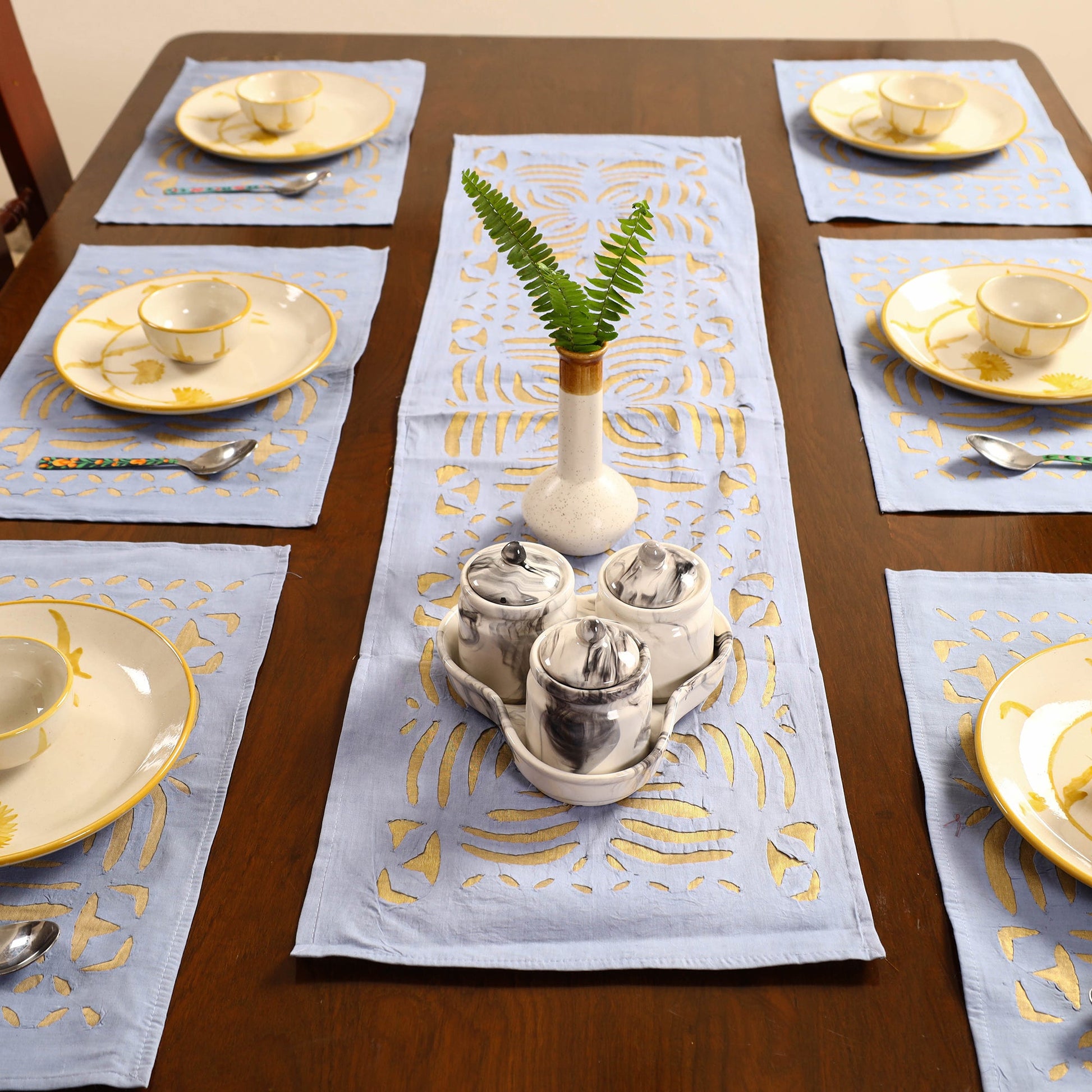 Blue - Applique Cut Work Table Runner with Table Mat Set 10