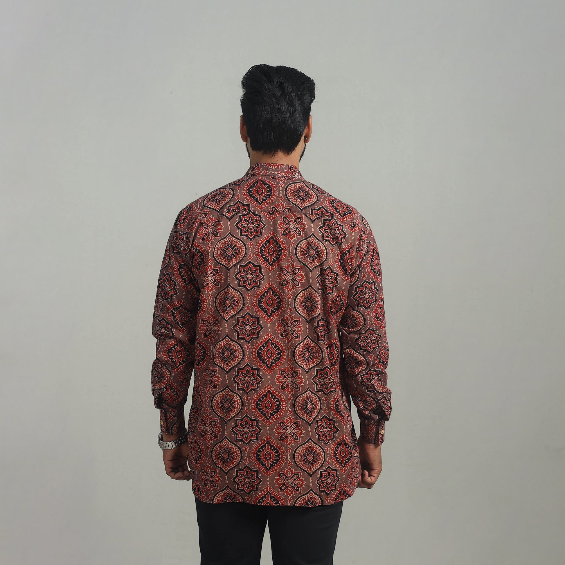 Brown - Natural Dyed Cotton Men Ajrakh Print Shirt 02