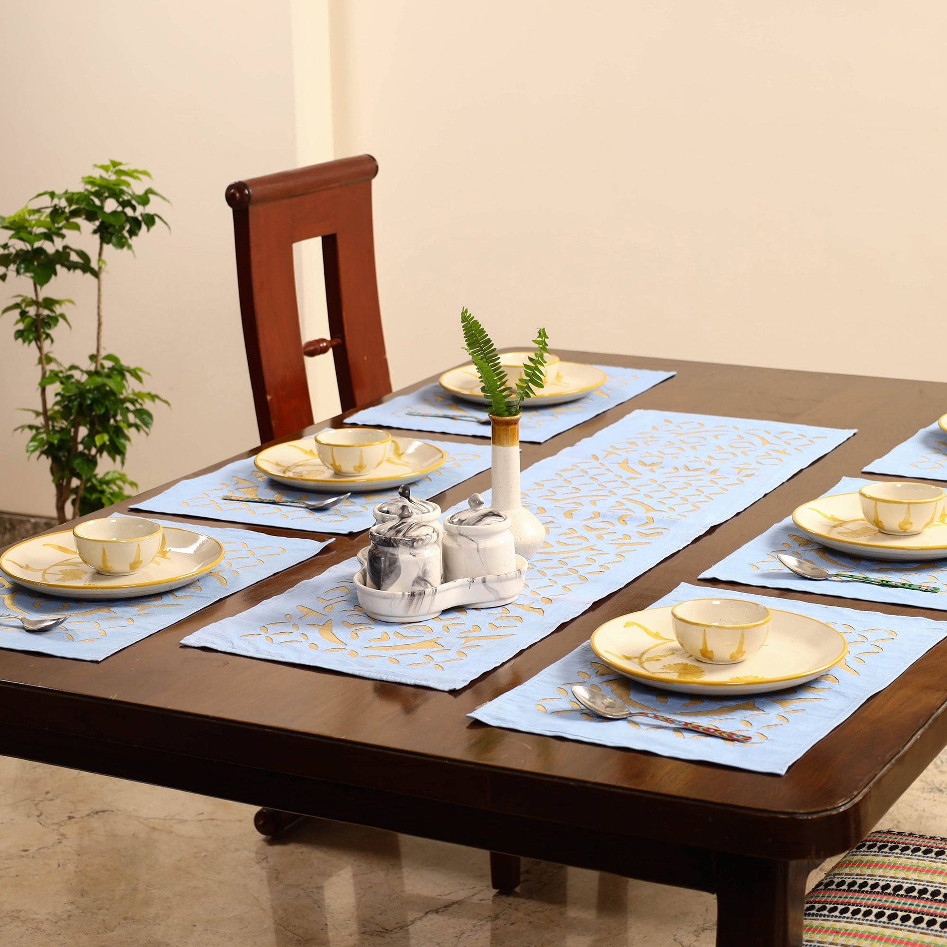 Blue - Applique Cut Work Table Runner with Table Mat Set 14