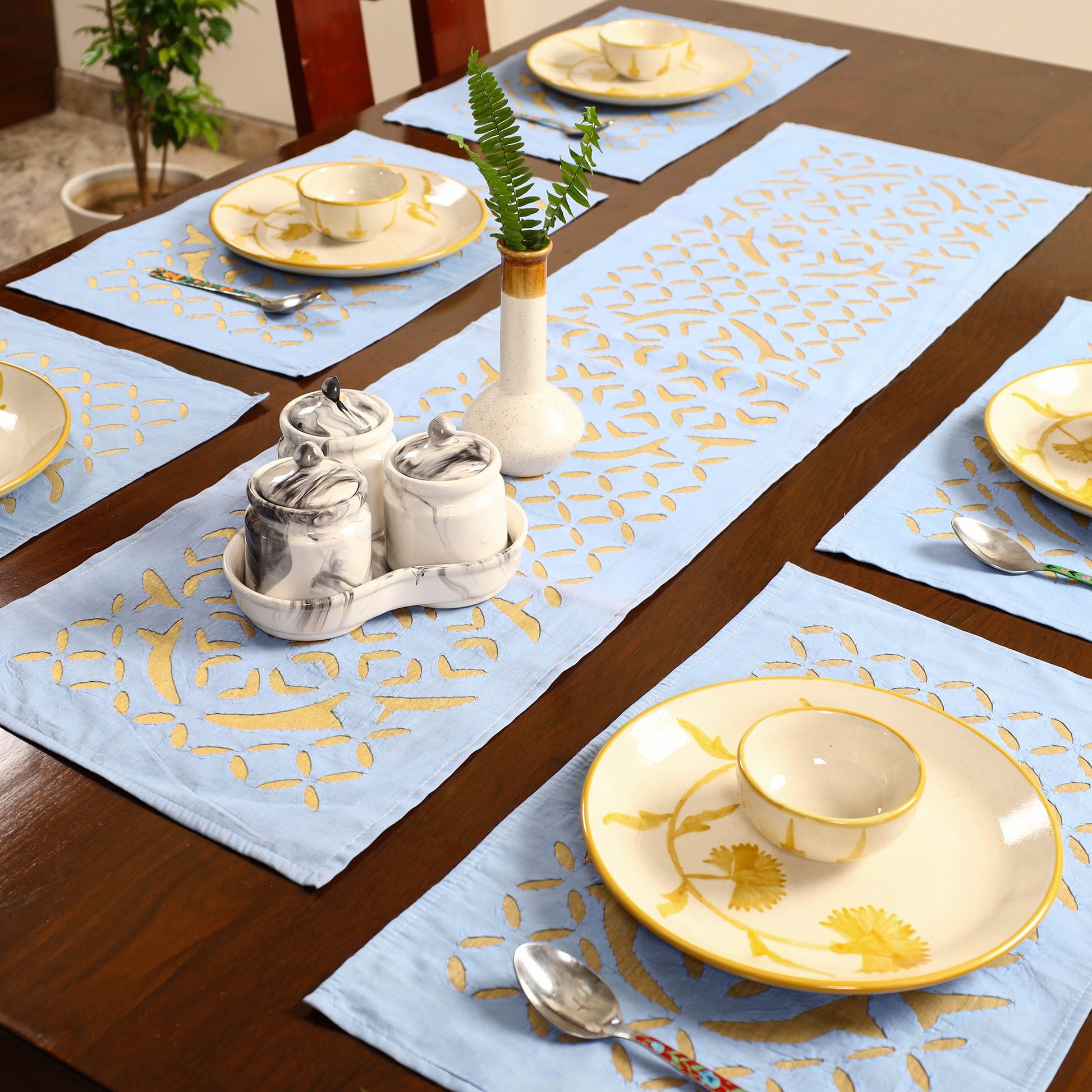 Blue - Applique Cut Work Table Runner with Table Mat Set 14