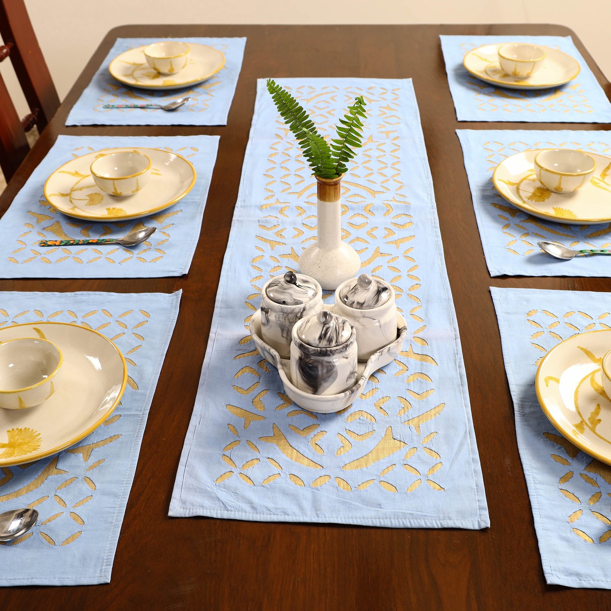 Blue - Applique Cut Work Table Runner with Table Mat Set 14