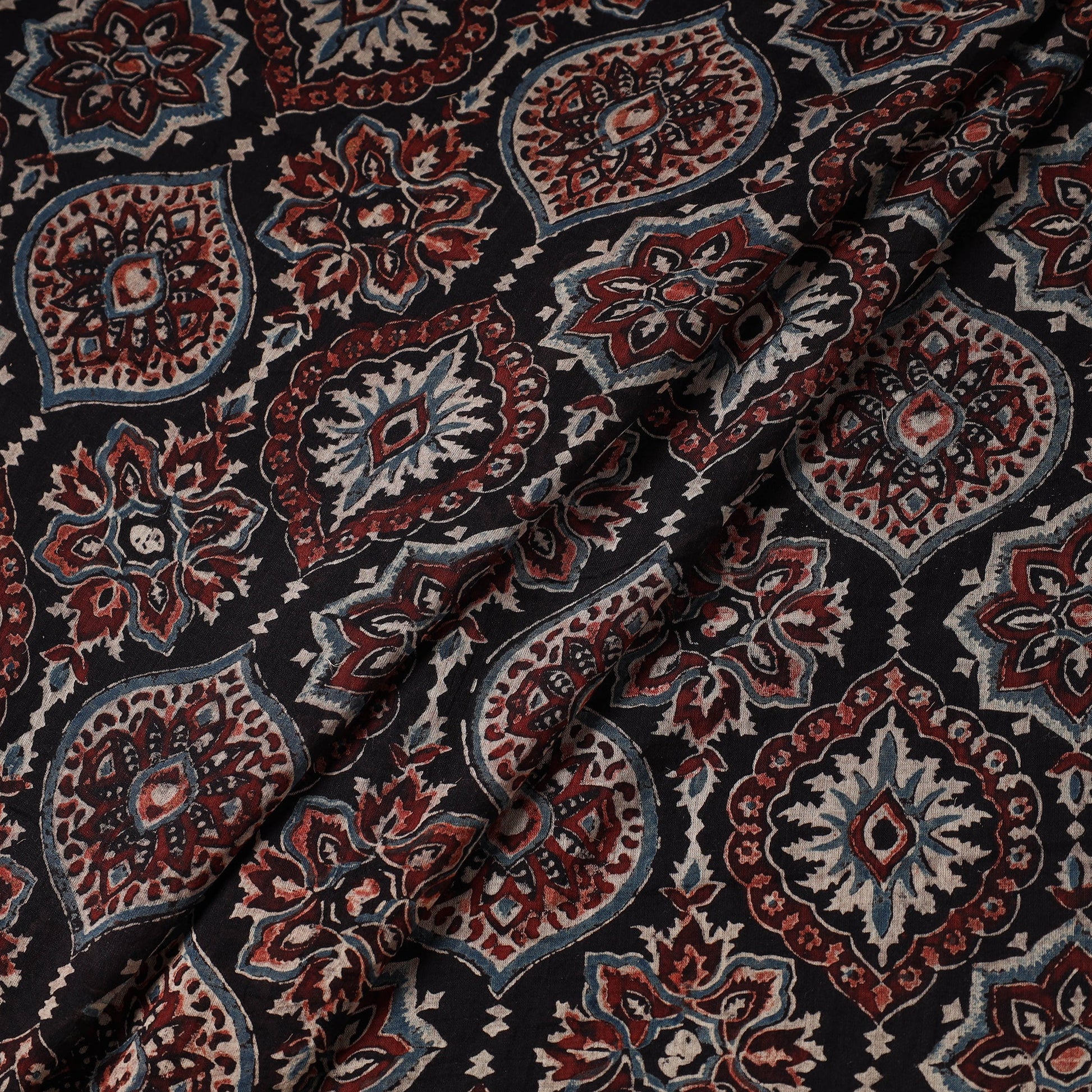Black Patterned Block Print Mul Cotton Ajrakh Fabric