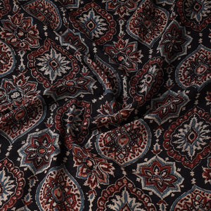 Black Patterned Block Print Mul Cotton Ajrakh Fabric
