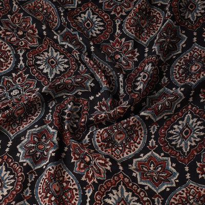 Black Patterned Block Print Mul Cotton Ajrakh Fabric