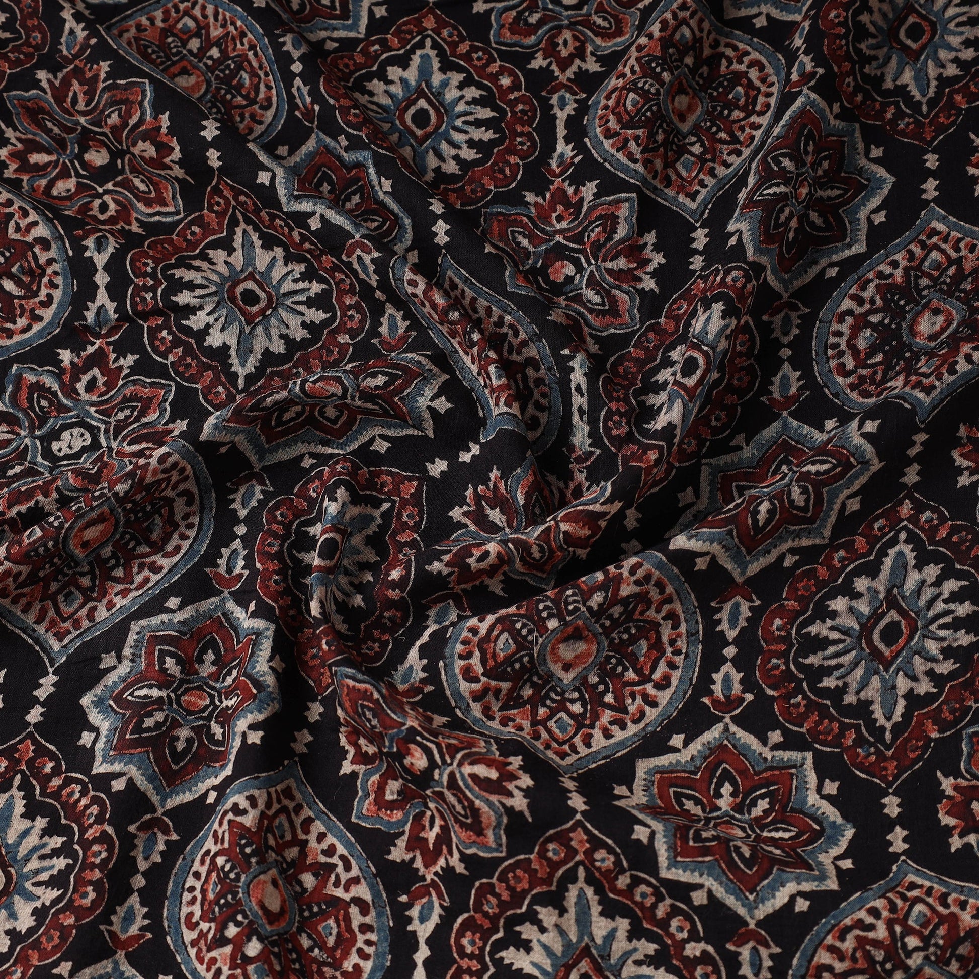 Black Patterned Block Print Mul Cotton Ajrakh Fabric