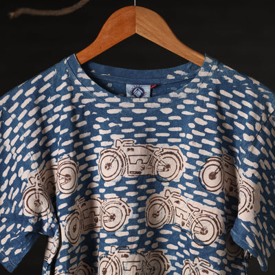 Blue - Bindaas Natural Dyed Art Block Print Round Neck T-shirt in Cotton