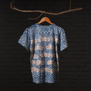 Blue - Bindaas Natural Dyed Art Block Print Round Neck T-shirt in Cotton