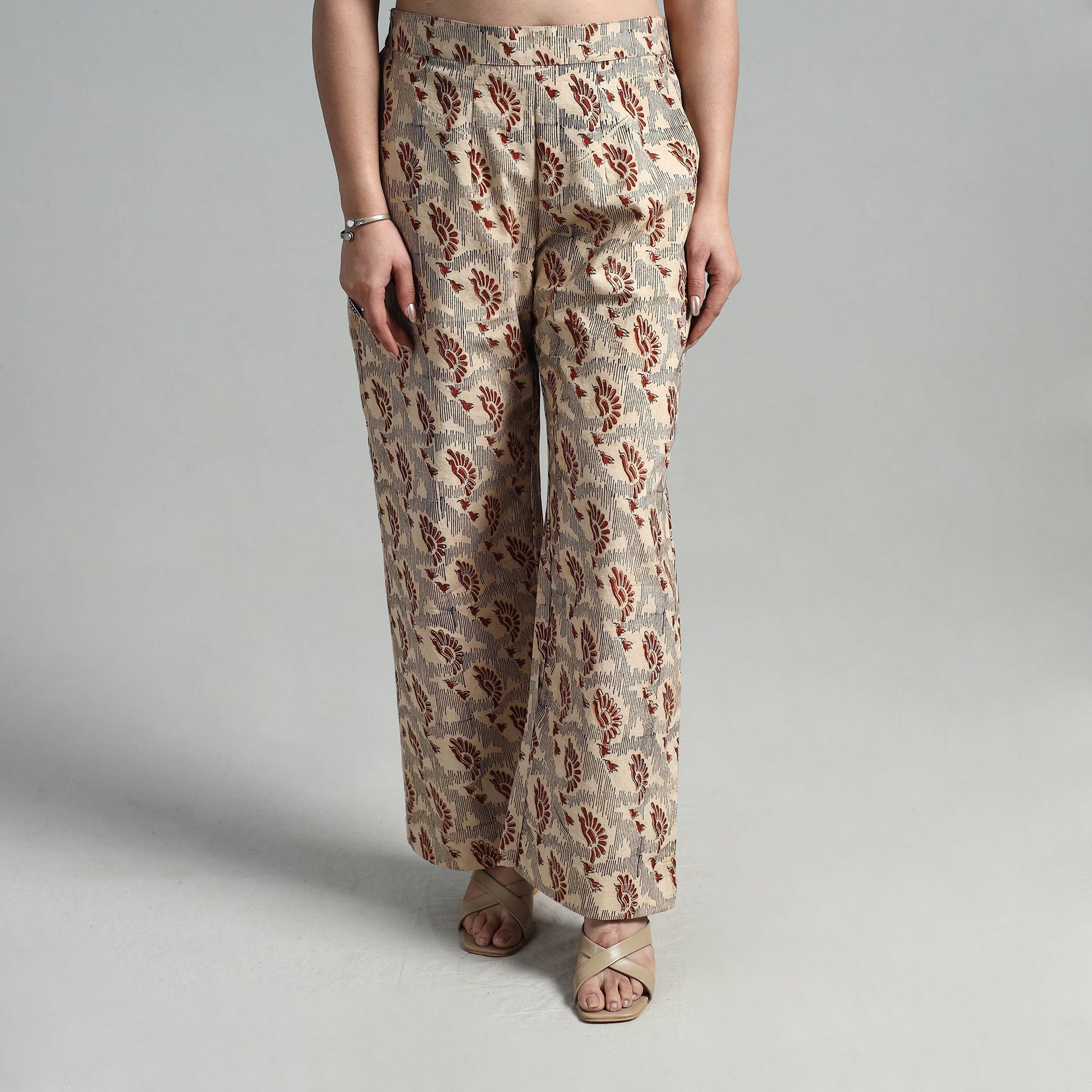 Beige - Block Printed Cotton Pedana Kalamkari Palazzo 13