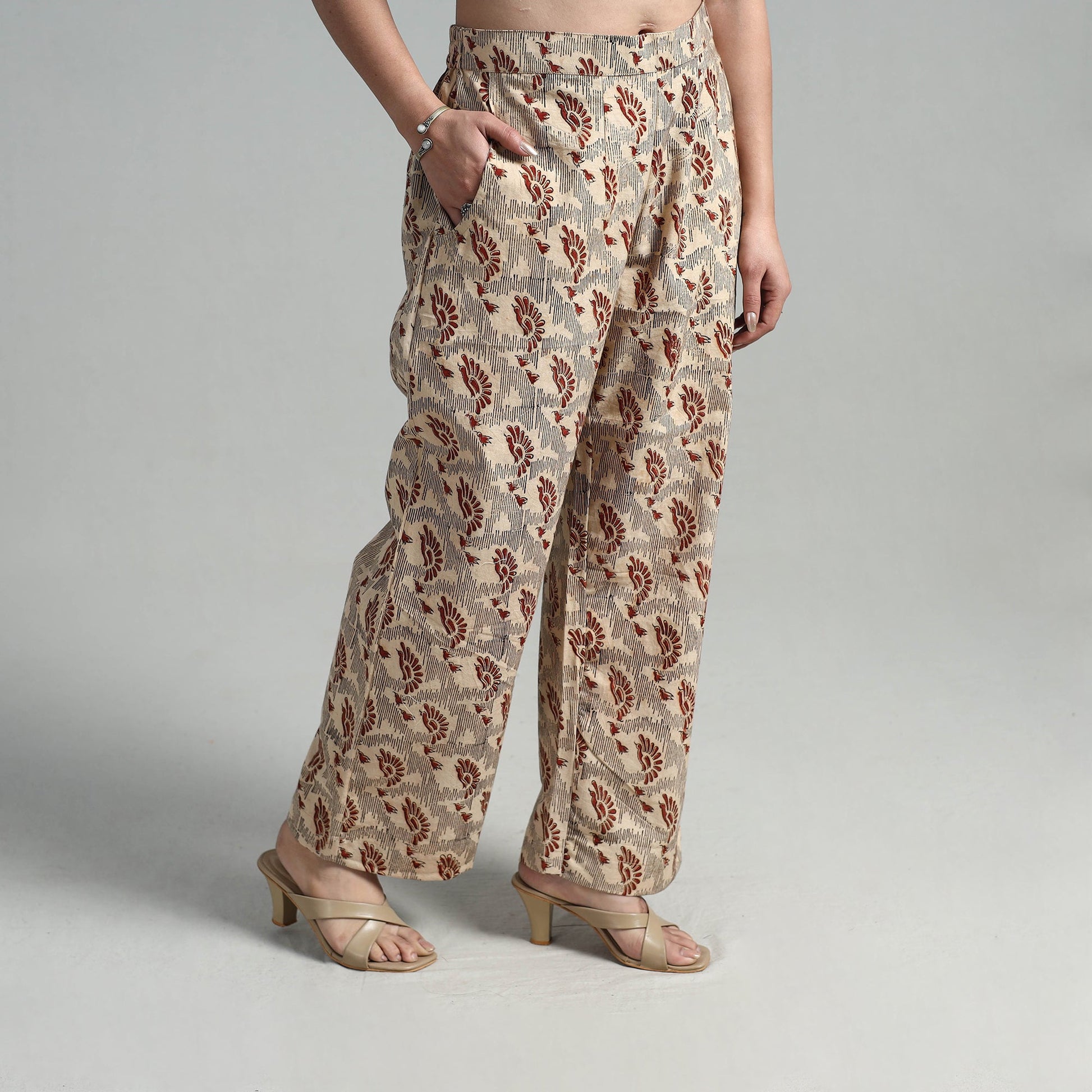 Beige - Block Printed Cotton Pedana Kalamkari Palazzo 13