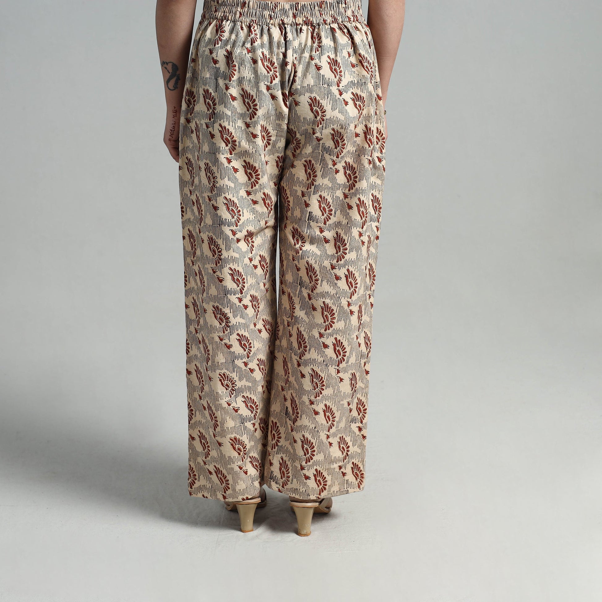 Beige - Block Printed Cotton Pedana Kalamkari Palazzo 13