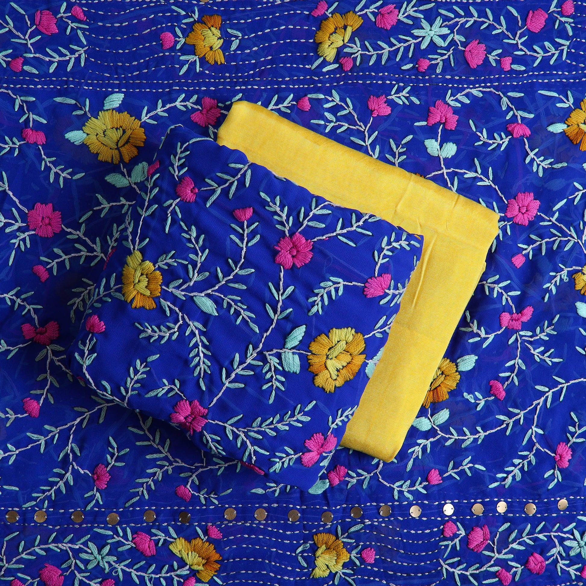 Blue - 3pc Hand Embroidery Georgette Phulkari Dress Material 29