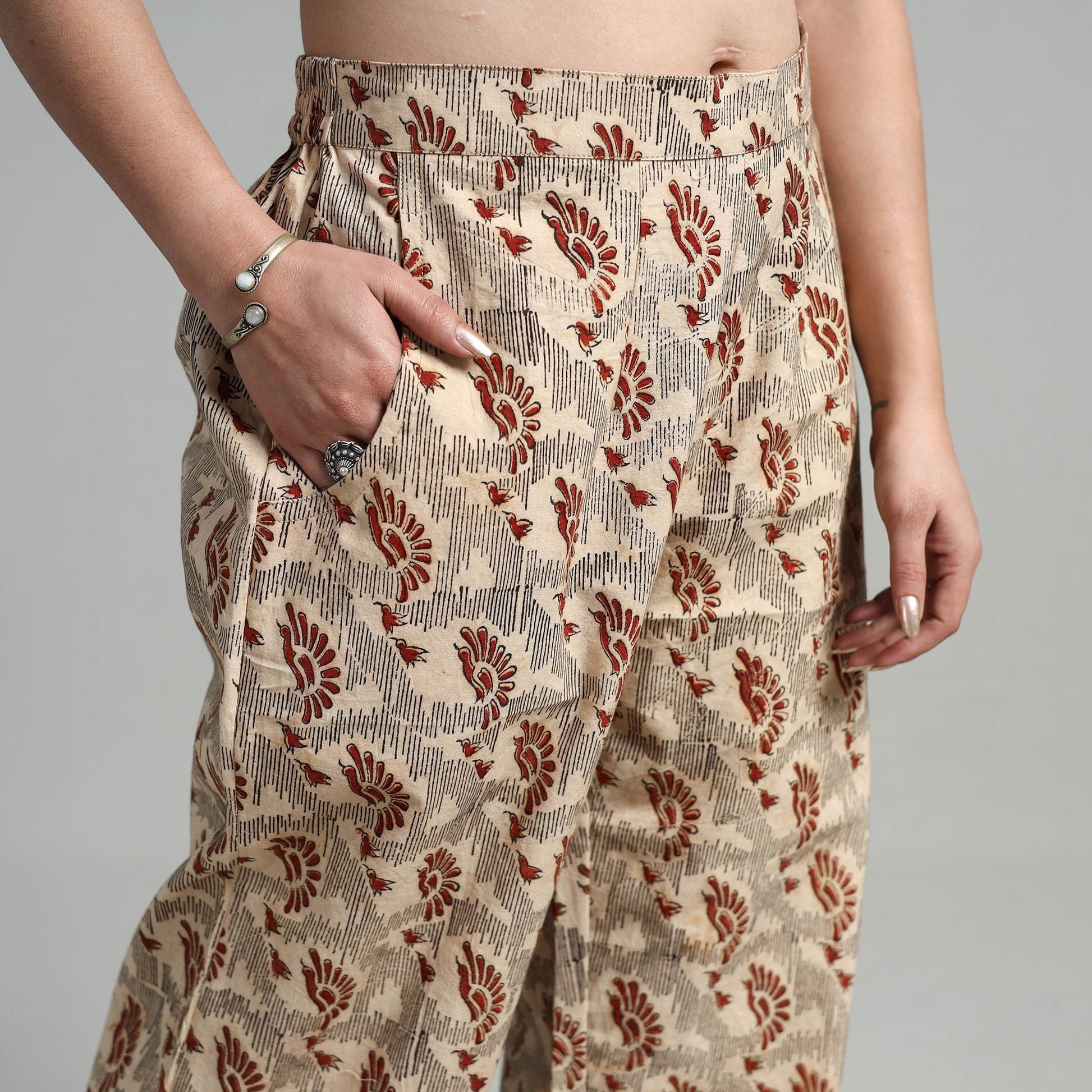 Beige - Block Printed Cotton Pedana Kalamkari Palazzo 13