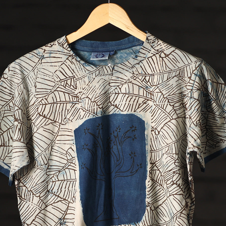 Beige - Bindaas Natural Dyed Art Block Print Round Neck T-shirt in Pure Cotton