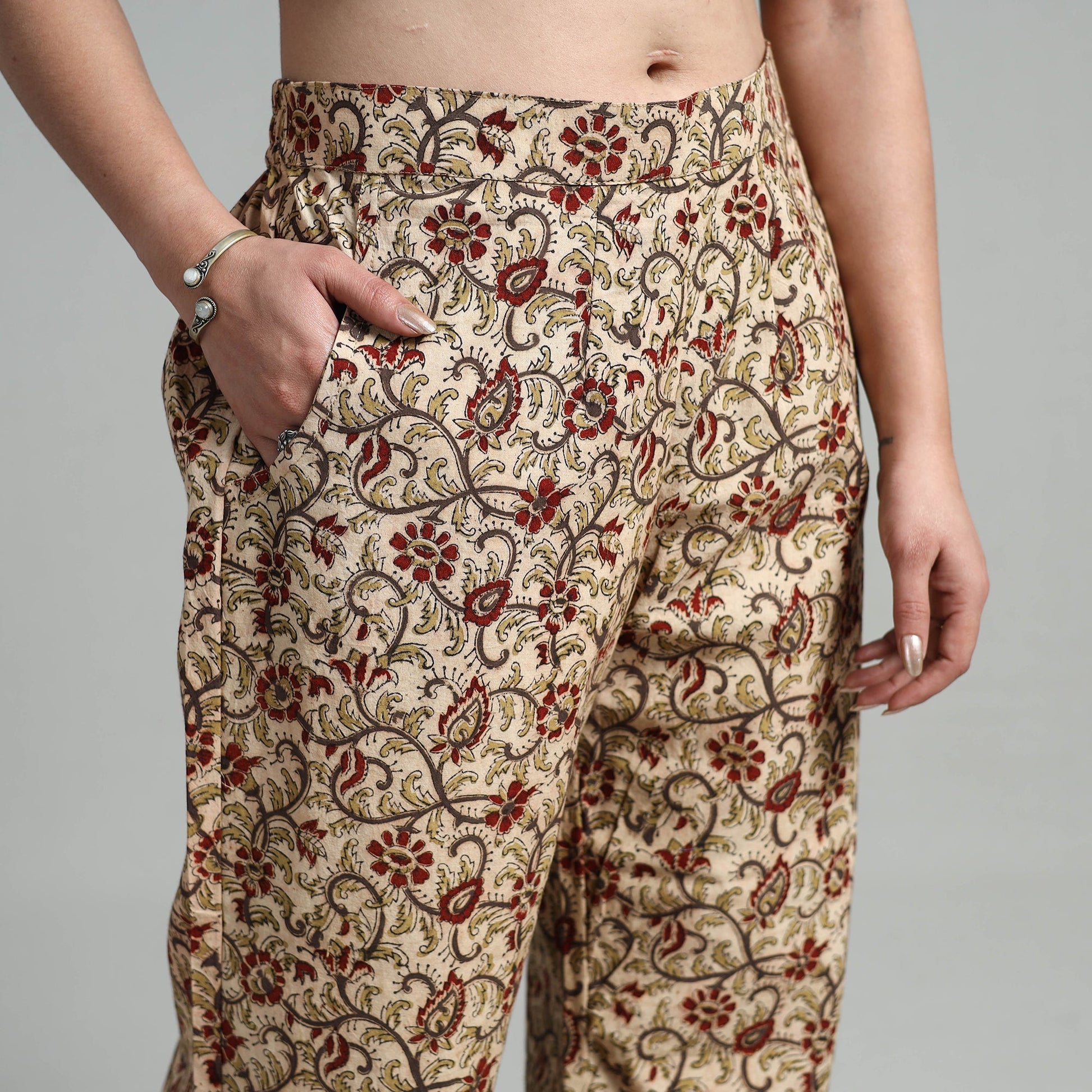 Beige - Block Printed Cotton Pedana Kalamkari Palazzo 06
