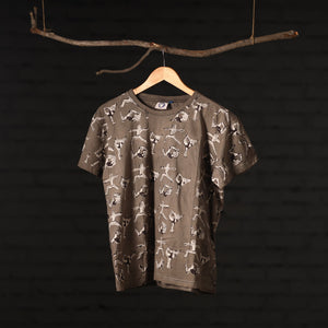 Brown - Bindaas Natural Dyed Art Block Print Round Neck T-shirt in Pure Cotton
