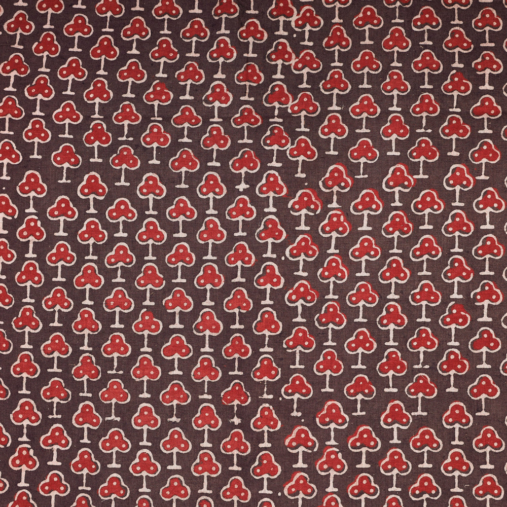 Brown - Red Clover Leaf Booti Ajrakh Hand Block Printed Natural Dyed Cotton Fabric