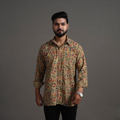 Beige - Kalamkari Block Printed Cotton Men Full Sleeve Shirt 13