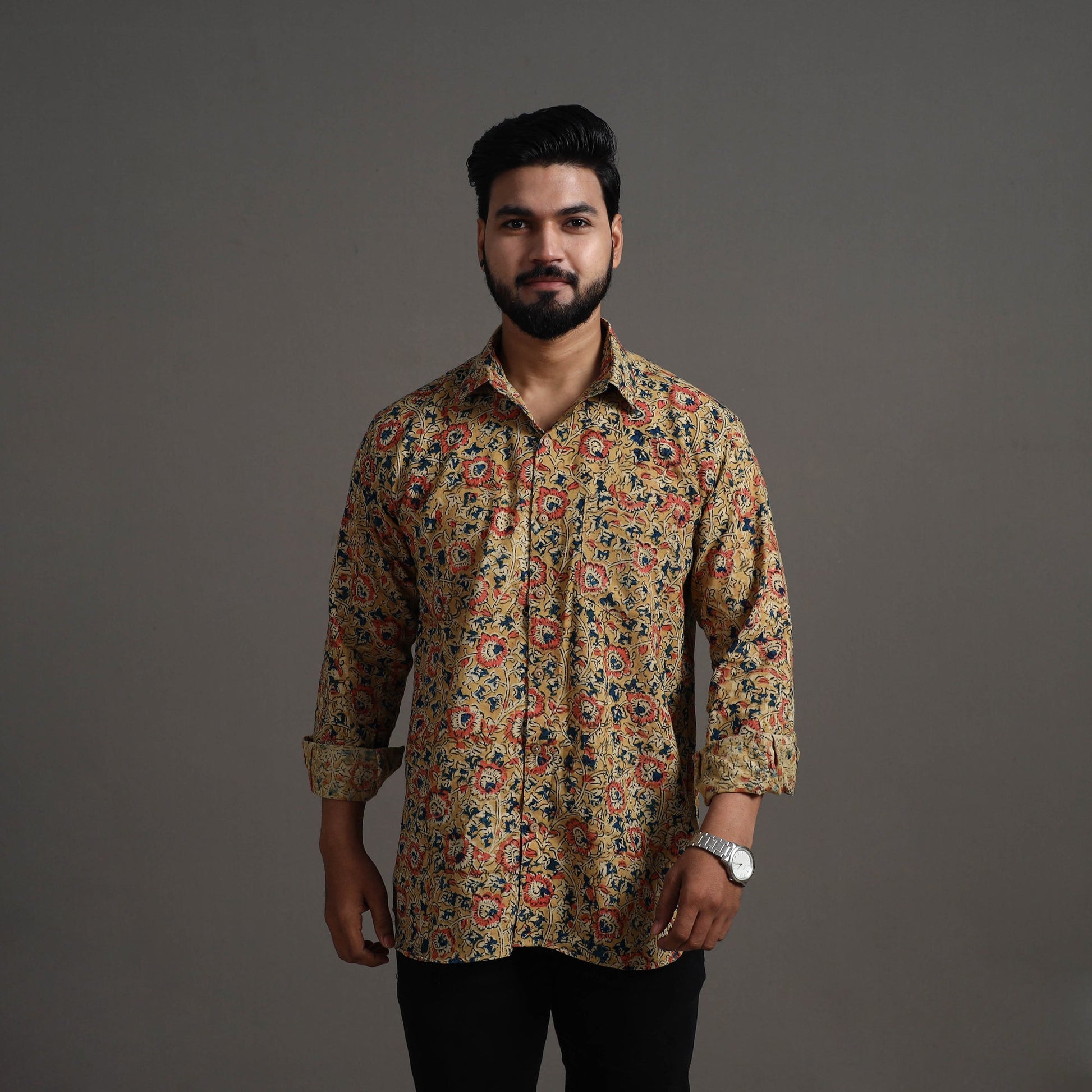 Beige - Kalamkari Block Printed Cotton Men Full Sleeve Shirt 13