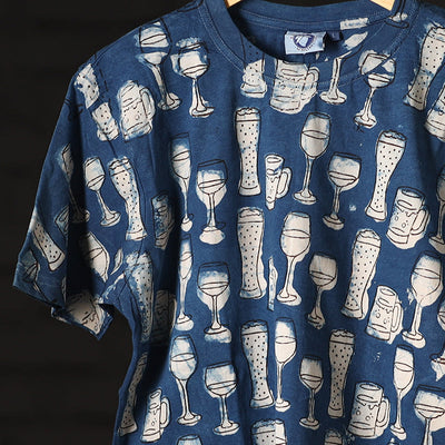 Blue - Bindaas Block Art Printed Cotton Round Neck T-shirt