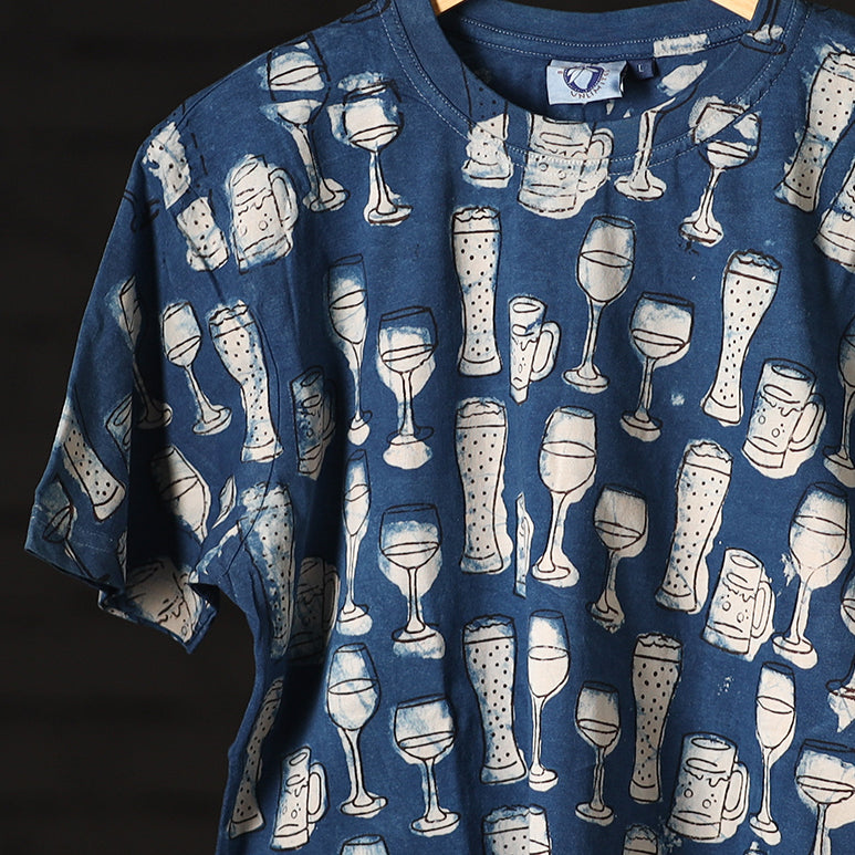 Blue - Bindaas Block Art Printed Cotton Round Neck T-shirt