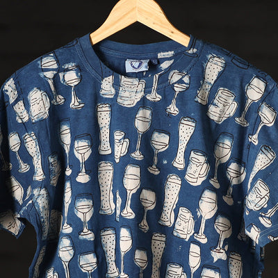 Blue - Bindaas Block Art Printed Cotton Round Neck T-shirt