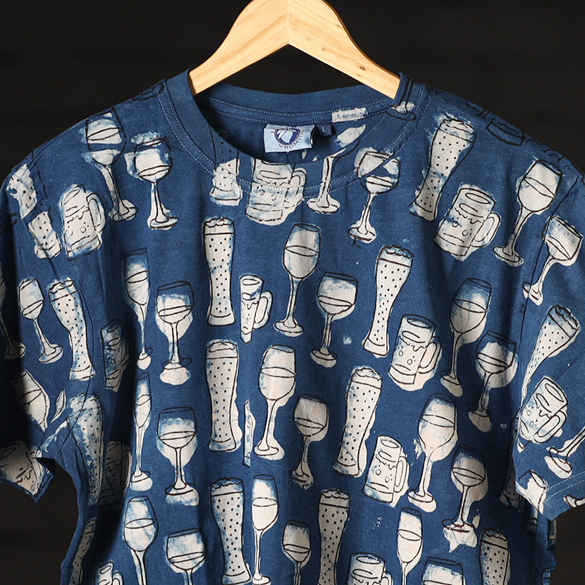 Blue - Bindaas Block Art Printed Cotton Round Neck T-shirt