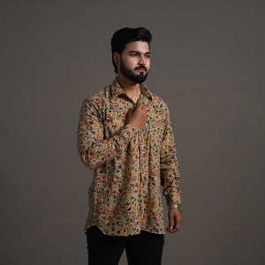 Beige - Kalamkari Block Printed Cotton Men Full Sleeve Shirt 13