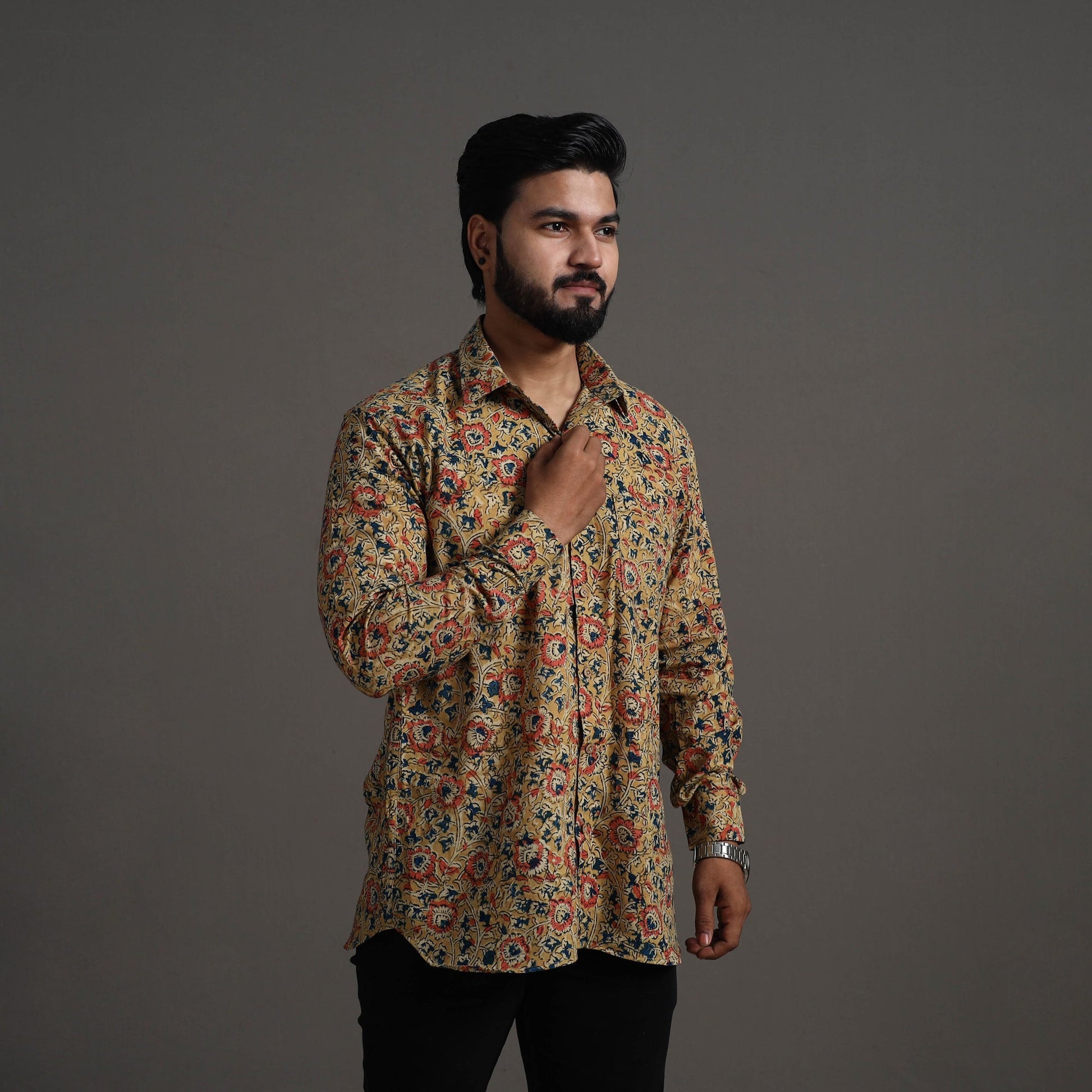 Beige - Kalamkari Block Printed Cotton Men Full Sleeve Shirt 13
