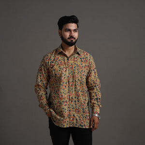 Beige - Kalamkari Block Printed Cotton Men Full Sleeve Shirt 13