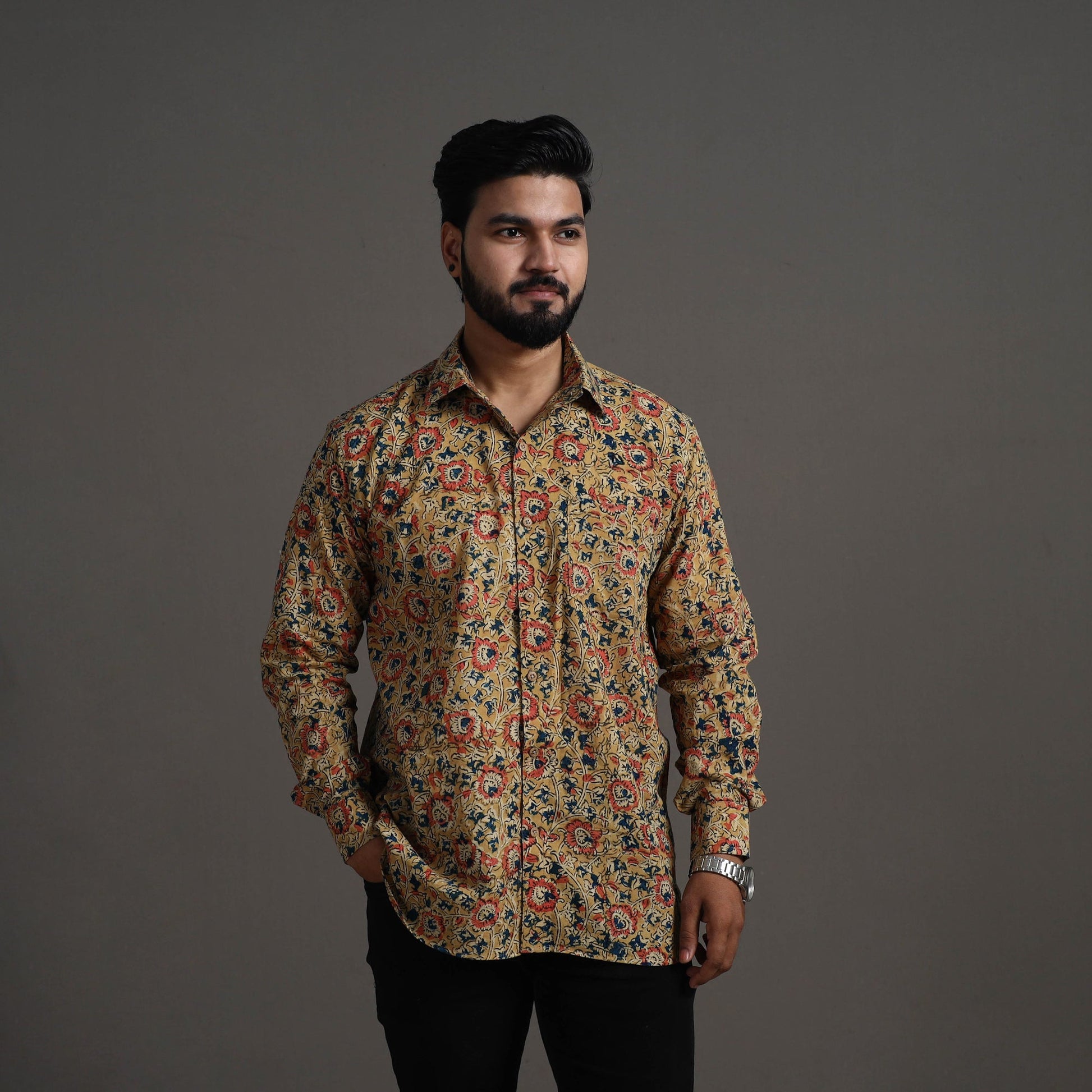 Beige - Kalamkari Block Printed Cotton Men Full Sleeve Shirt 13